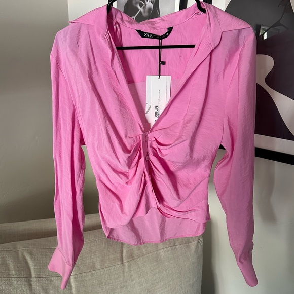 NWT Zara Ruched Button Down Shirt - Picture 4 of 10